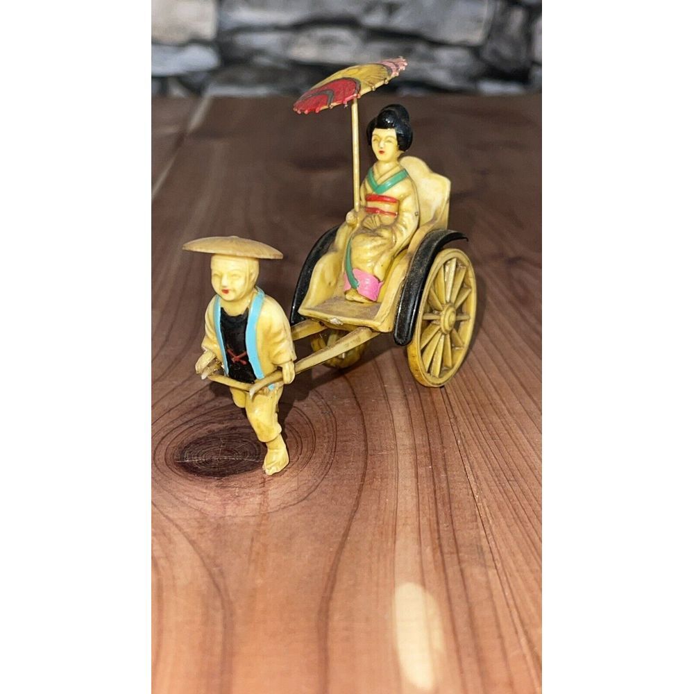 Vintage Asian Celluloid Man Pulling Geisha W/Umbrella Rickshaw Cart Japan